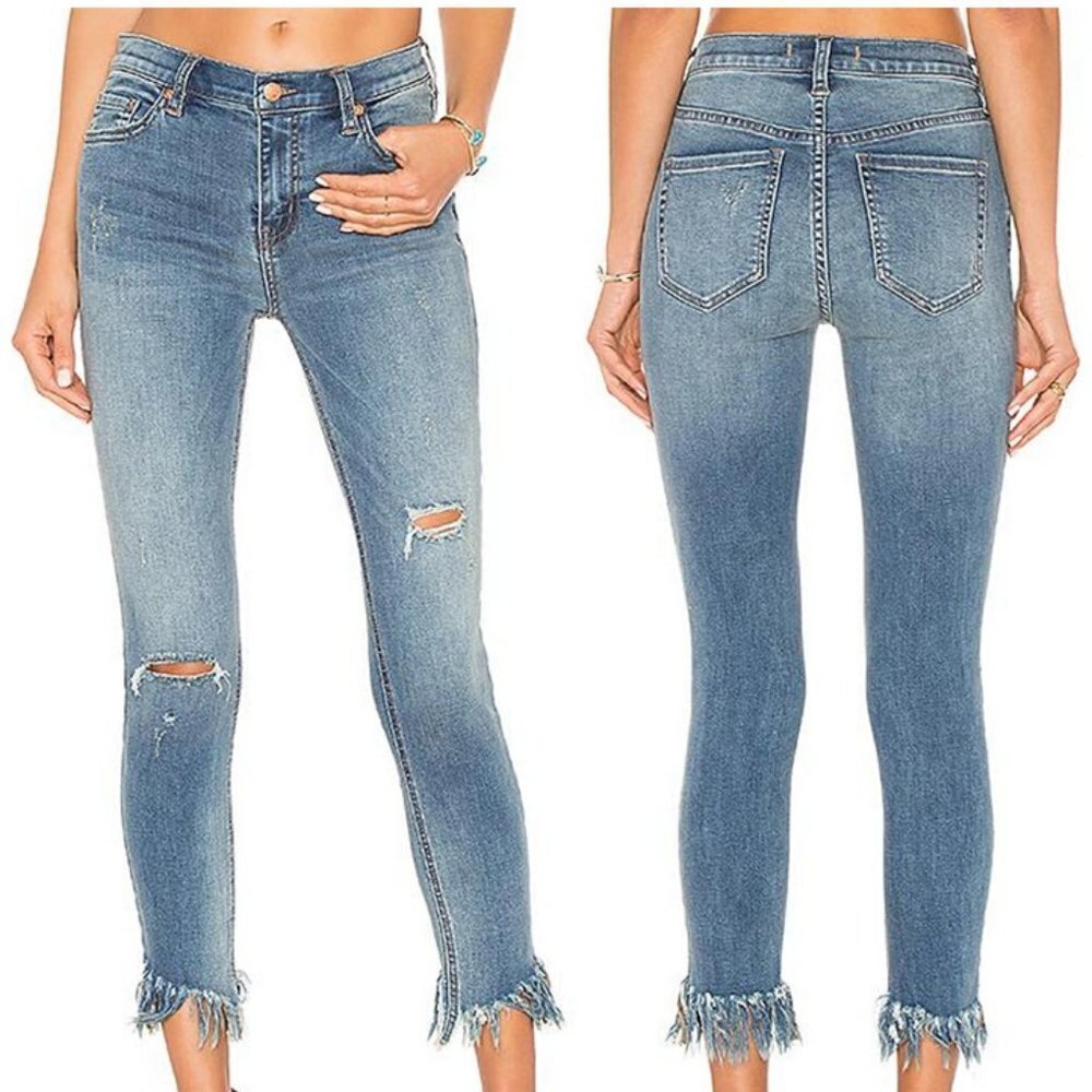 Free People Great Heights Acid Wash Fray Hem Skinny Jeans Stretch Distressed 27